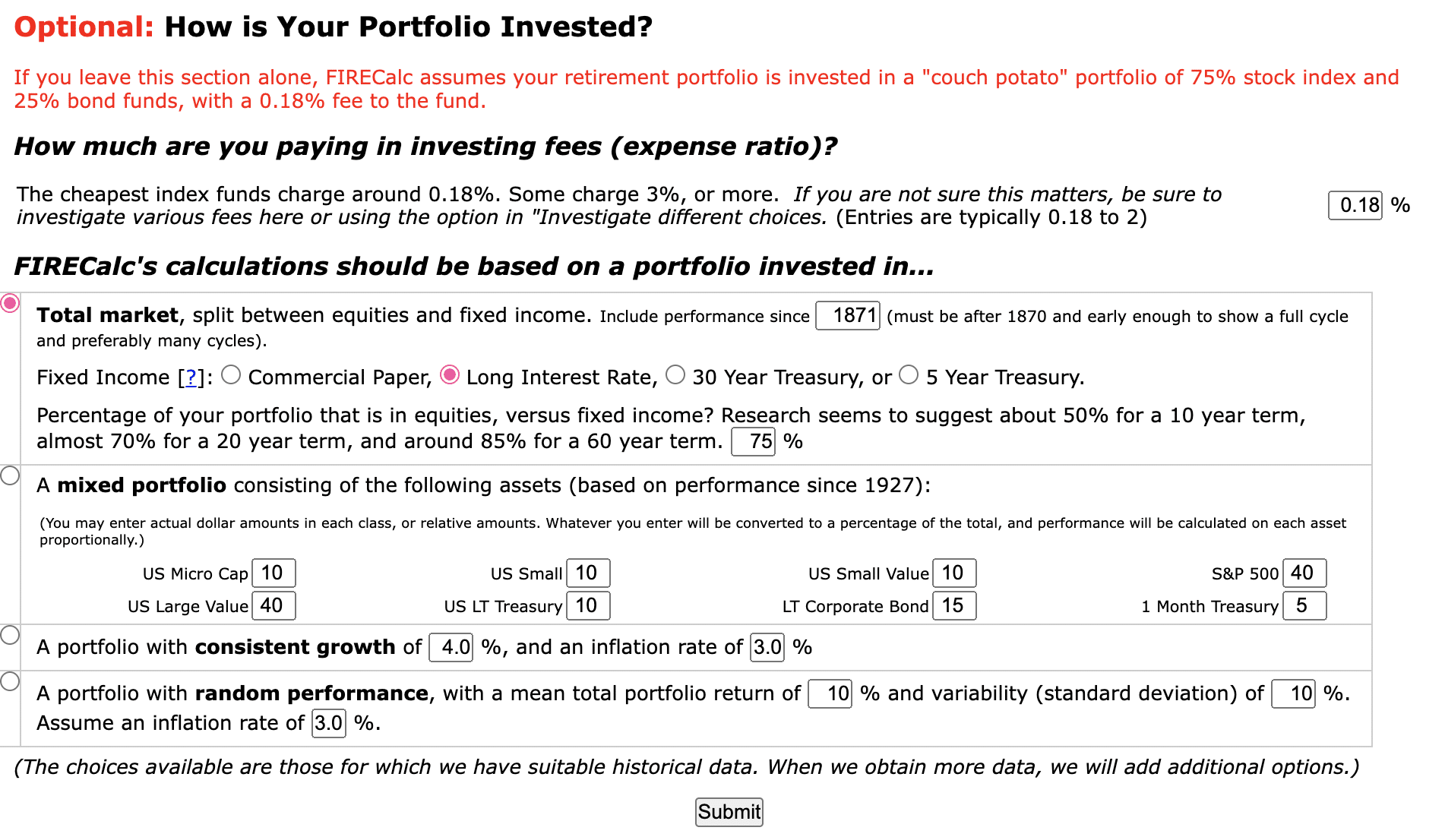 FIRECalc How Is Your Portfolio Invested?