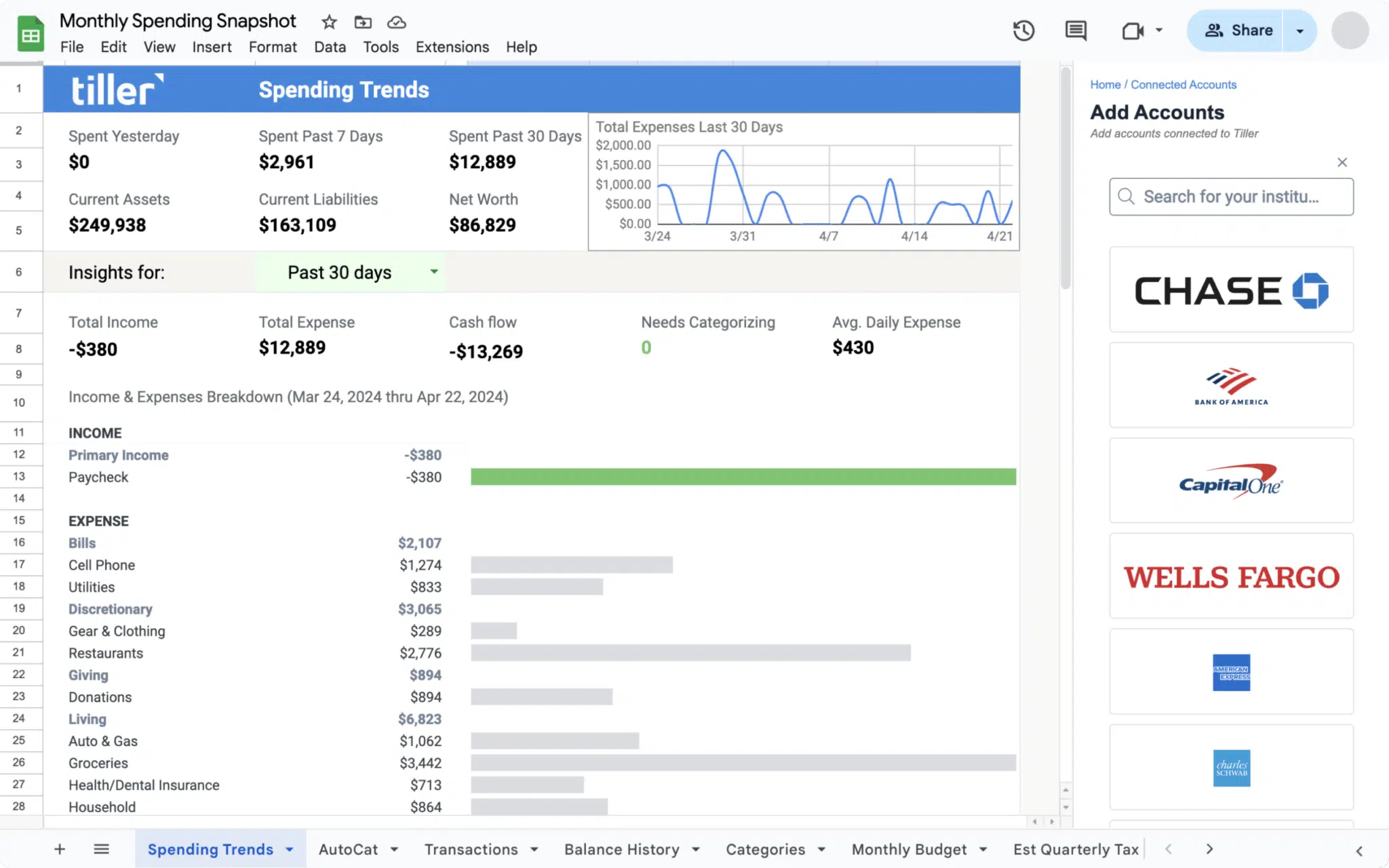 Tiller monthly spending snapshot in Google Sheets